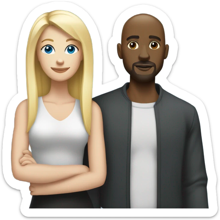 Blonde woman with blue eyes and long straight hair and black man who is bald with a goatee seated together with their legs touching and one arm around each other.   sticker