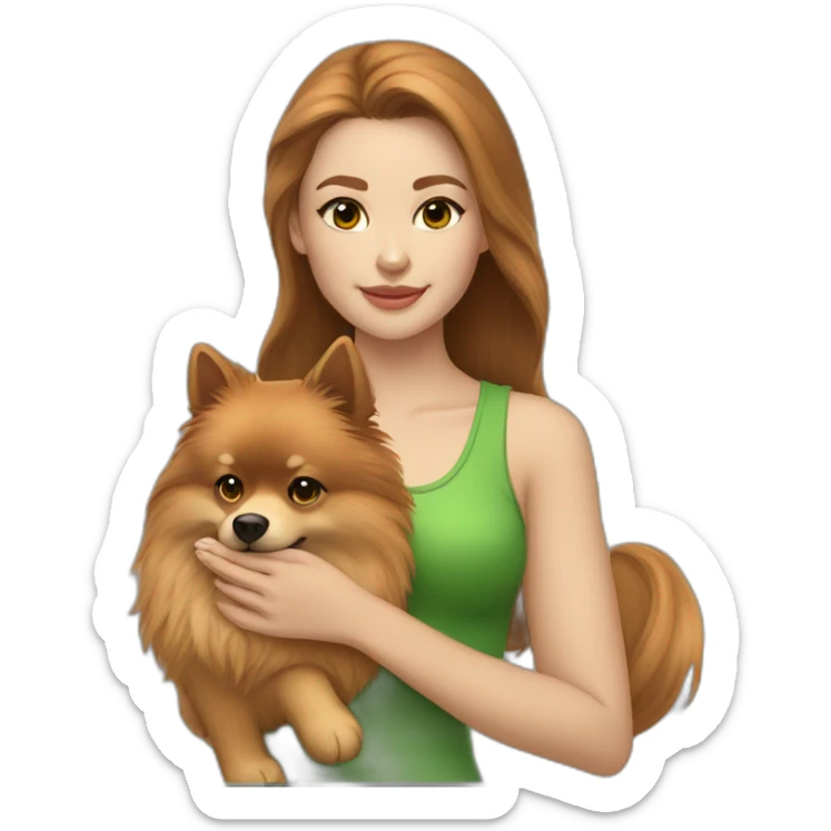 light-skinned-girl-with-brown-hair-and-green-eyes-petting-red-pomeranian sticker