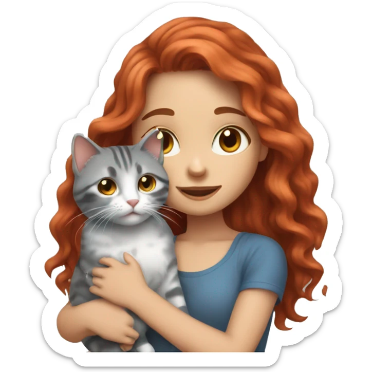 girl with red long wavy hair and blue eyes holding a grey tabby cat sticker
