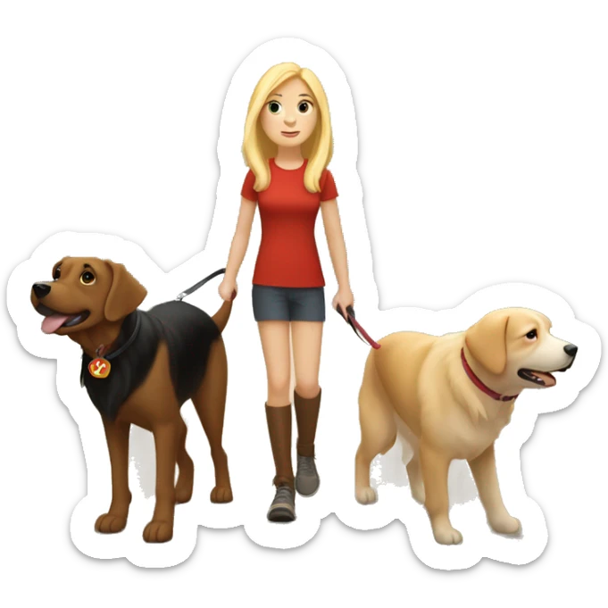 Two girls walking their dogs, one with. Blonde hair, one with brown hair, one with a red golden retriever and the other a white lab pointy nose in the woods sticker