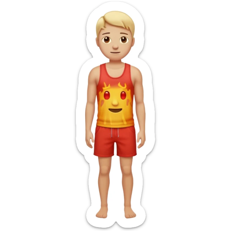 Emoji-style person standing in beach shorts, skin visibly sunburned and red on arms, legs, and face, but chest and shoulders clearly lighter with tank top tan lines. Expression shows mild pain or discomfort, cute rounded emoji design, soft 3D shading, vibrant colors sticker
