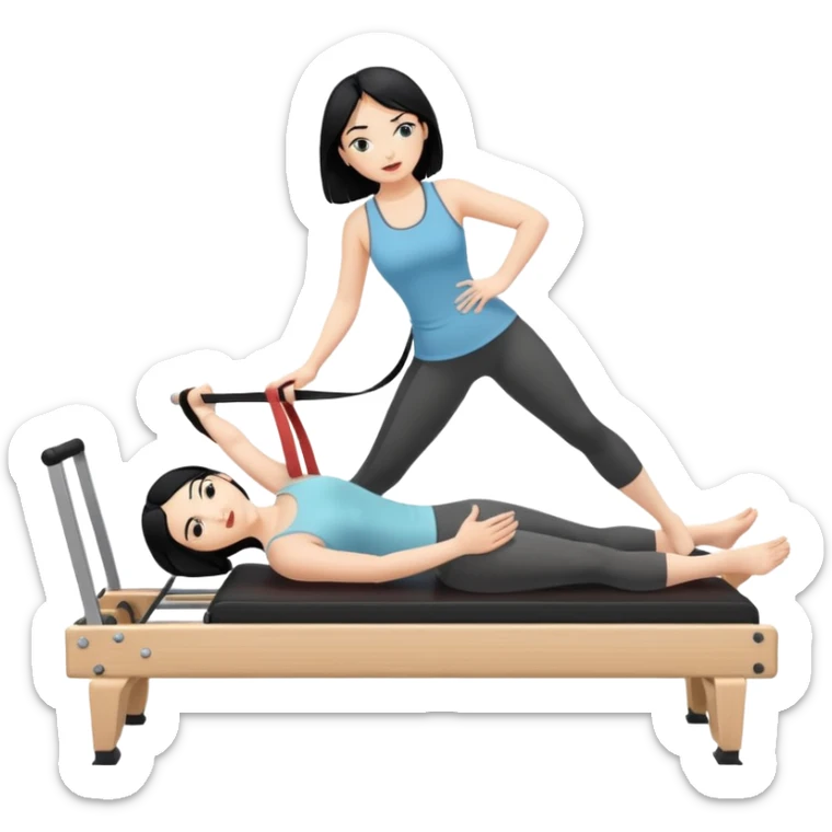 Mujer de pelo negreo haciendo pilates en un reformer con cabecero y sintas en los pies sticker
