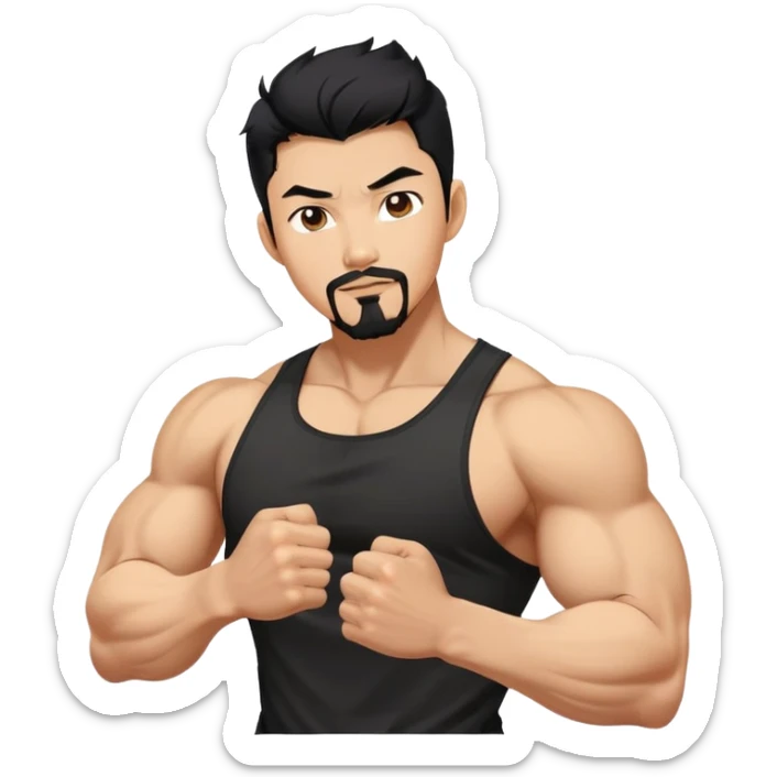 Korean Asian handsome man with black pointy hair full goatee and full body biceps sticker