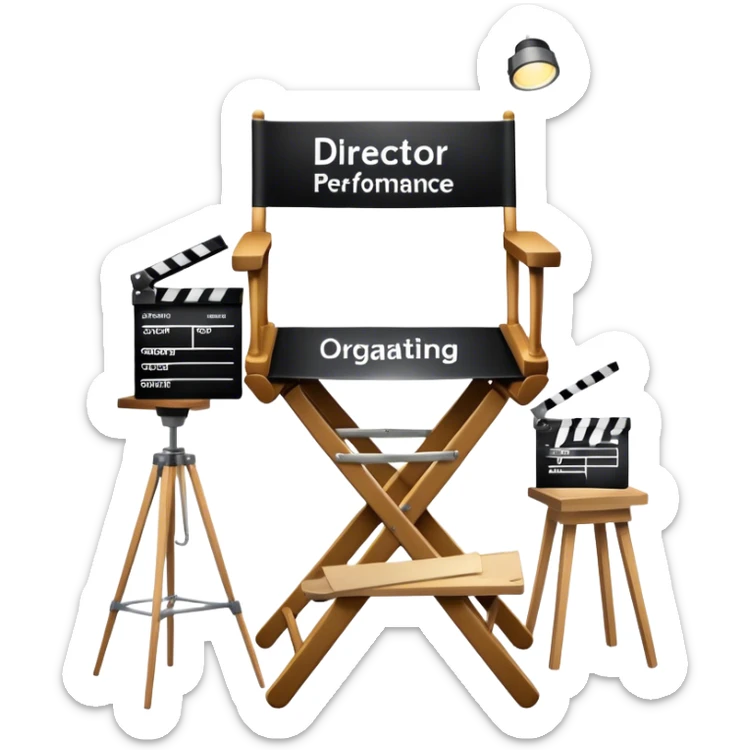 Icon for Directing: a director's chair, a film clapperboard, and a stage with a spotlight. The icon should represent the creative and organizational aspects of directing, with focus on storytelling, staging, and performance. Transparent background. sticker