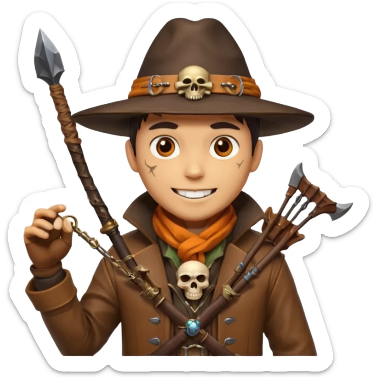 male human monster hunter emoji, wearing brown leather coat and wide hat, holding crossbow, with amulet shaped like skull, Halloween fantasy theme, confident smile, orange scarf, Apple emoji style, clean white background, square image sticker