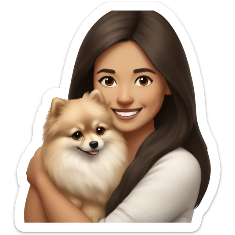 beige and white Pomeranian in the hands of a white young woman with dark brown hair smiling and cuddling the dog  sticker