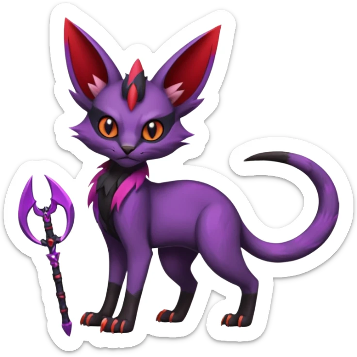 Black edgy Noivern-Noibat-Purloin-Torracat-Lykoi-Caracal-cat-Fakemon-fusion-hybrid-creature with violet and red scale markings, with a scythe-shaped blade-tail-tip sticker