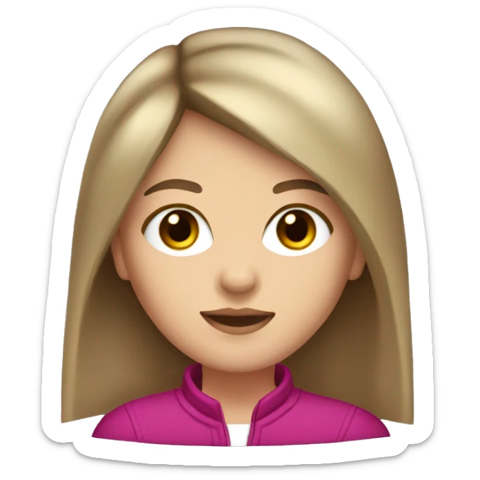 white girl with brown eyes, long straight dark brown hair, curtain bangs, and a magenta jacket sticker