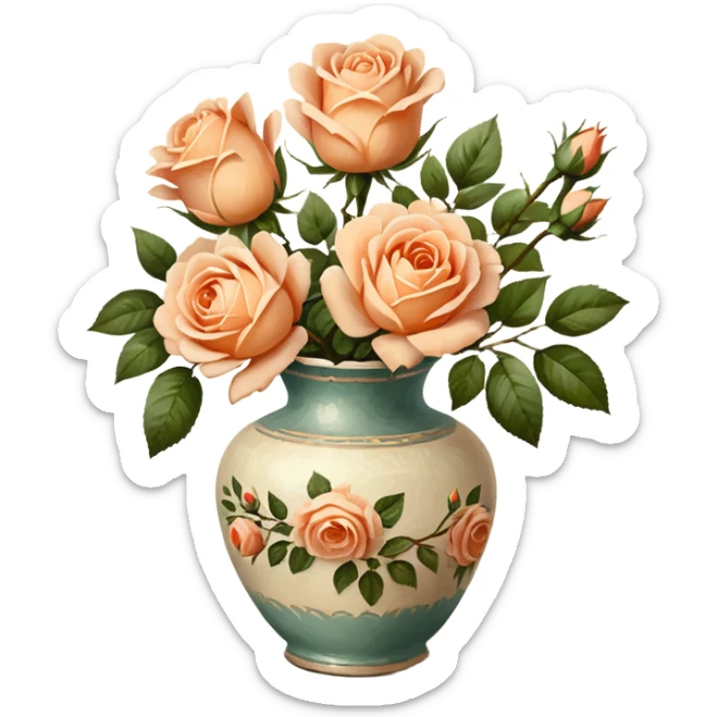 Oil painting of light peach roses in vintage vas, brushstrokes sticker