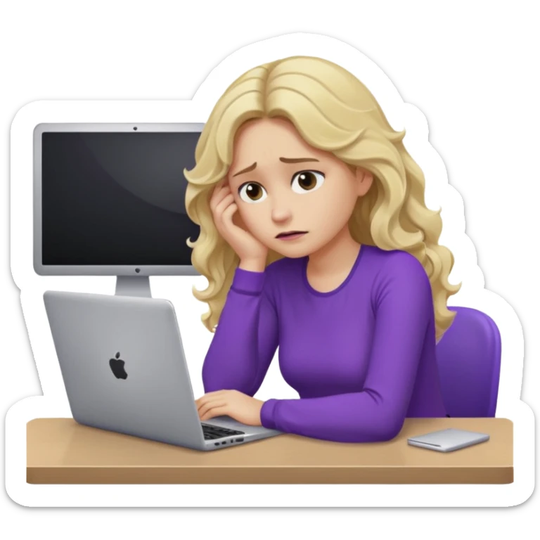 lady with long blonde wavy hair, purple top, one elbow one desk hand on face with a laptop looking defeated sticker