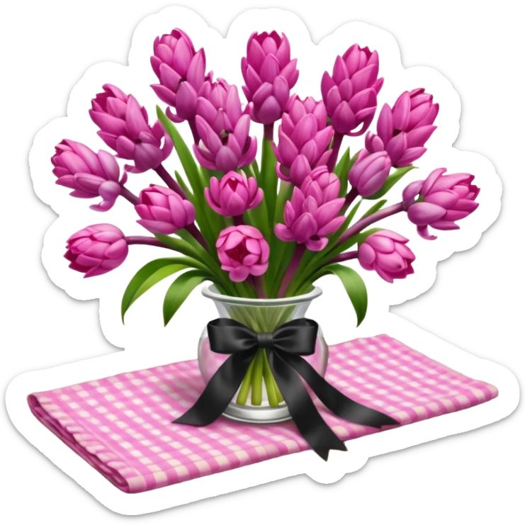 A lush bouquet of bright pink color Hyacinths black satin ribbon, resting on an antique wooden table, with a pale yellow and pink plaid pattern table cloth sticker