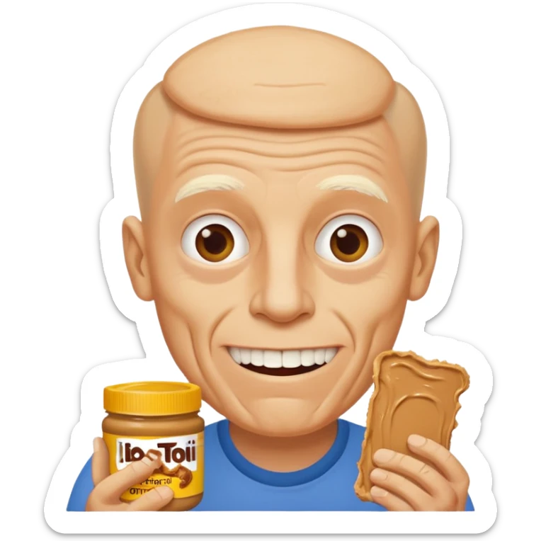 White man, barely any hair, lots and lots of wrinkles, bad yellow teeth, and peanut butter sticker