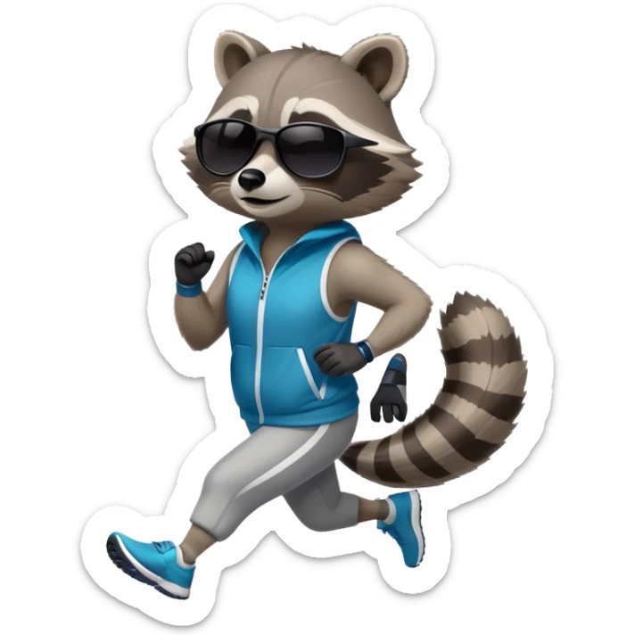 friendly anthropomorphised raccoon in sports wear, wearing dark sunglasses, jogging upright in relaxed pose sticker