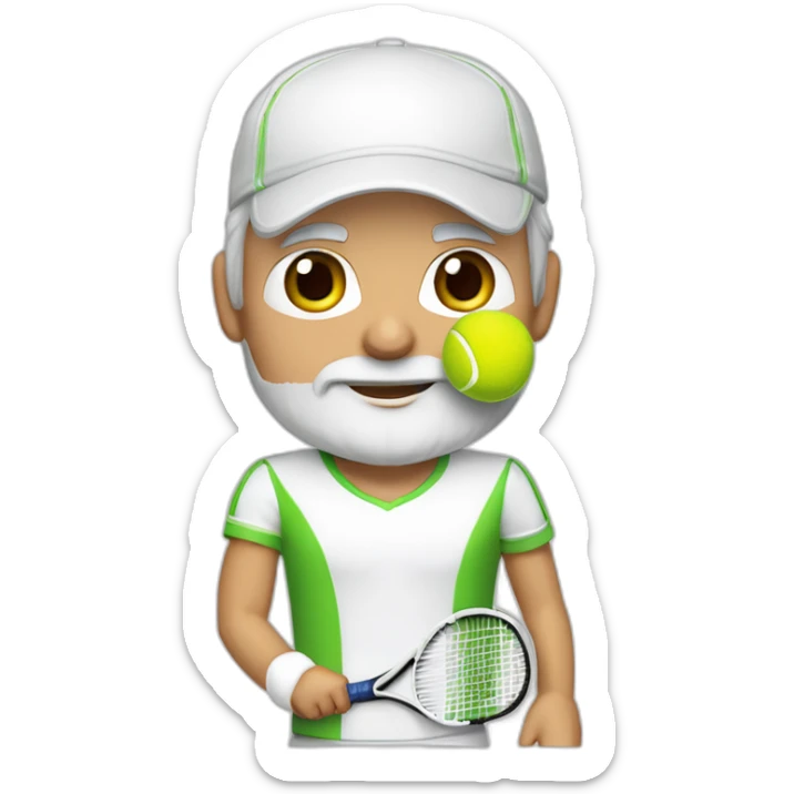 Tennisplayer white-male in his 50s,Green-eyes, gray-hear, white-beard, white cap and white-shirt with tennis-raquet and tennis-ball sticker