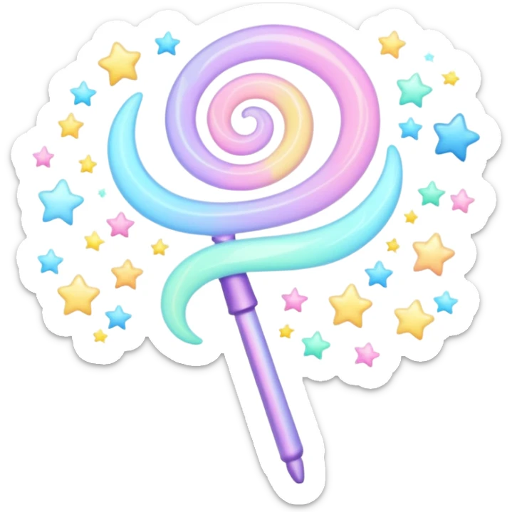 Cinematic cute magical wand, pastel swirls of color, tiny twinkling stars floating around, glowing softly, chubby rounded edges, whimsical and dreamy. sticker