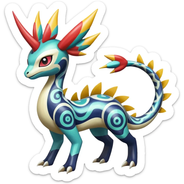 zig-zag-patterned clownish colorful exotic fruity tribal tropical hot swirl-marked Meloetta-Dialga-Salamence-Giratina-Noivern-Pokémon-Fakémon-fusion-hybrid-creature sticker