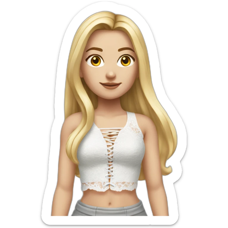 realistic caucasian female, long straight blonde hair, white lace up crop top, grey mini skirt, body view sticker
