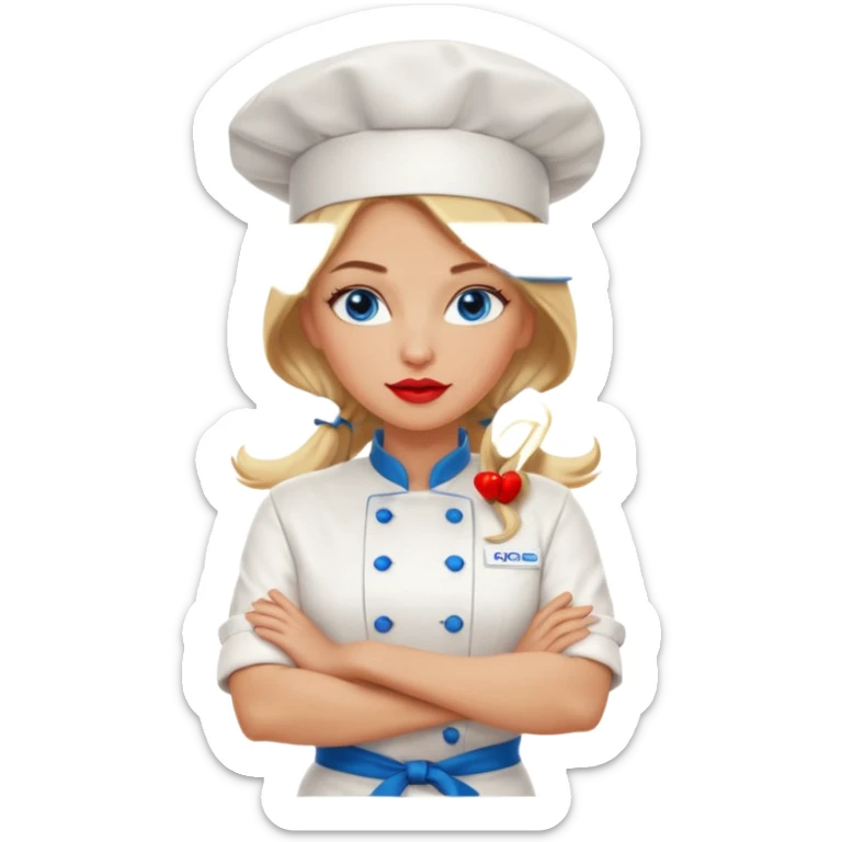 Beautiful, sexy,  long blonde hair, blue eyed, full red lips female chef arms folded  sticker