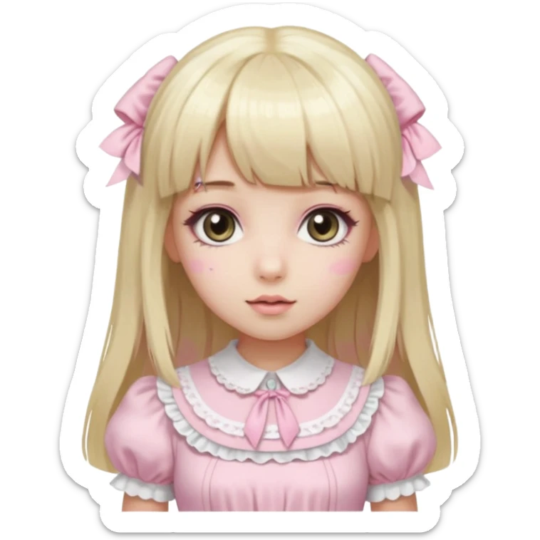 pale girl , who has straight hair medium length blonde and baby pink swirled hair with bangs , grey eyes , and doll like makeup , in a light pink lolita hime gyaru dress emoji | AI Emoji Generator sticker