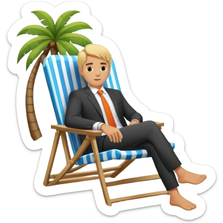 blonde man in business suit sitting in a beach chair on a tropical beach, vacation sticker