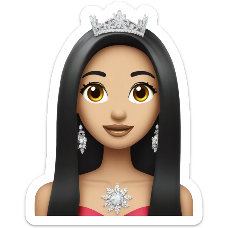 Miss universe south east Asian with very long straight black hair with a crown sticker