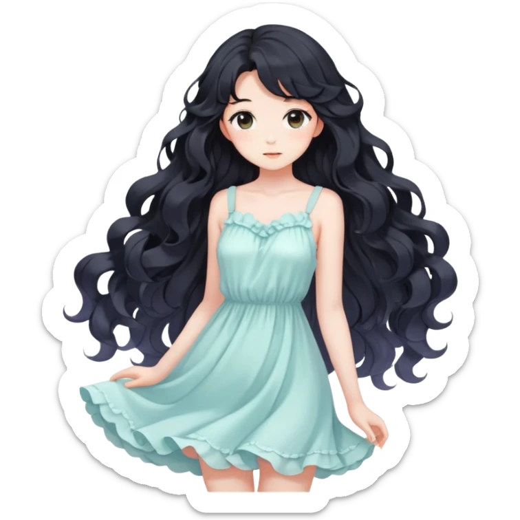 Pretty anime girl with flowing black wavy hair and a soft delicate pastel dress, kawaii style sticker