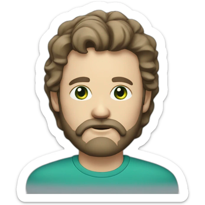 middle-aged white man with beard and brown hair. hairstyle with a part on the right side and some upward bangs. greenish blue eyes sticker