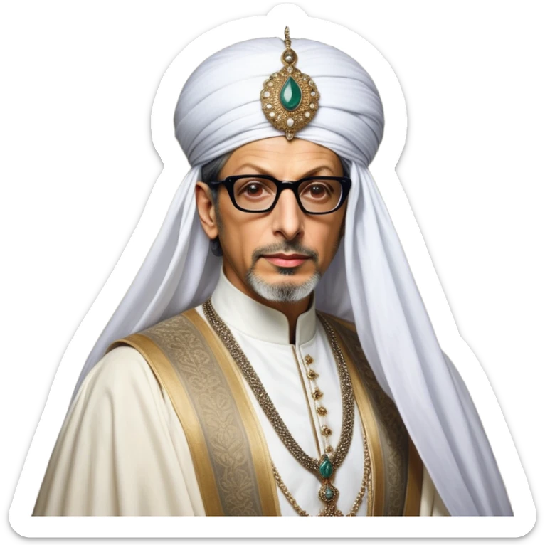 Jeff Goldblum no glasses as a regal portrait dressed as _cinematic-realistic-portrait-of-suleiman-the-magnificent,-depicted-as-a-regal-ottoman-sultan-adorned-with-a-large,-white,-round,-tall-turban-and-a-majestic-grey-beard,-his-commanding-gaze-bathed-in-warm,-historic-lighting-that-exudes-timel sticker