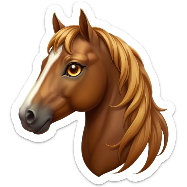 Cinematic Elegant Bay Horse Portrait Emoji, Head held high with a serene, majestic gaze, showcasing a magnificent bay fur with a rich, lustrous sheen, a flowing mane and tail, and radiant amber eyes that exude beauty and grace, Simplified yet majestically refined features, highly detailed, glowing with a soft, ethereal light, high shine, poised and breathtaking, stylized with an air of pure elegance, capturing the essence of a stunning and graceful steed, so beautiful it feels like it could gallop out of the screen with effortless charm! sticker