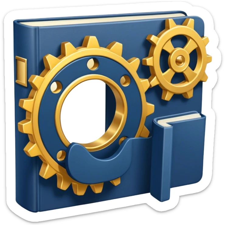 Un libro azul navy con detalles dorados, bordes metálicos y un gear dorado con una tabla ascendente como productividad en la portada, estrategia y éxito en movimiento (book of productivity) sticker