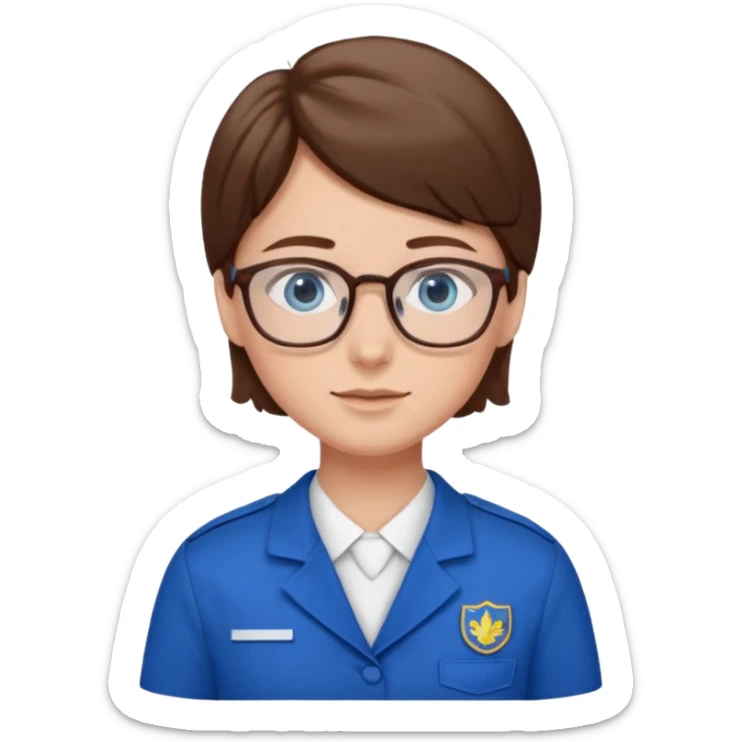 Generate from my photo brown hair blue eyes with glasses wearing care blue uniform sticker