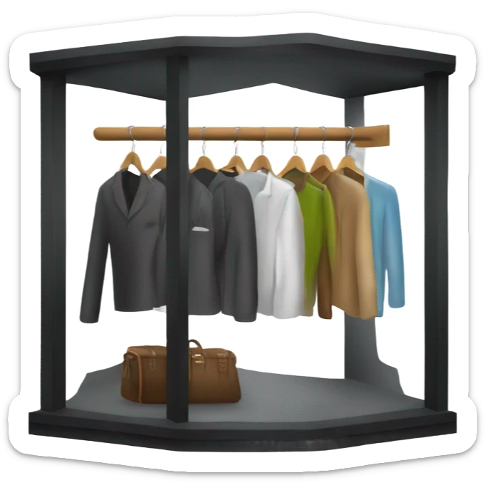 Design an emoji-style icon of an open wardrobe with clothes hanging inside. Include details like a wooden frame, hangers, and only black or white different clothing items such as shirts or any other clothing . Use a clean and minimalistic design. sticker