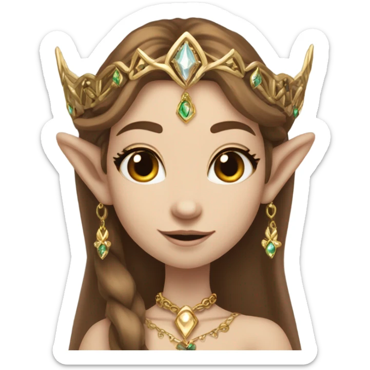 elf princess with pointy ears, white skin, brown hair with jewellery,  sticker