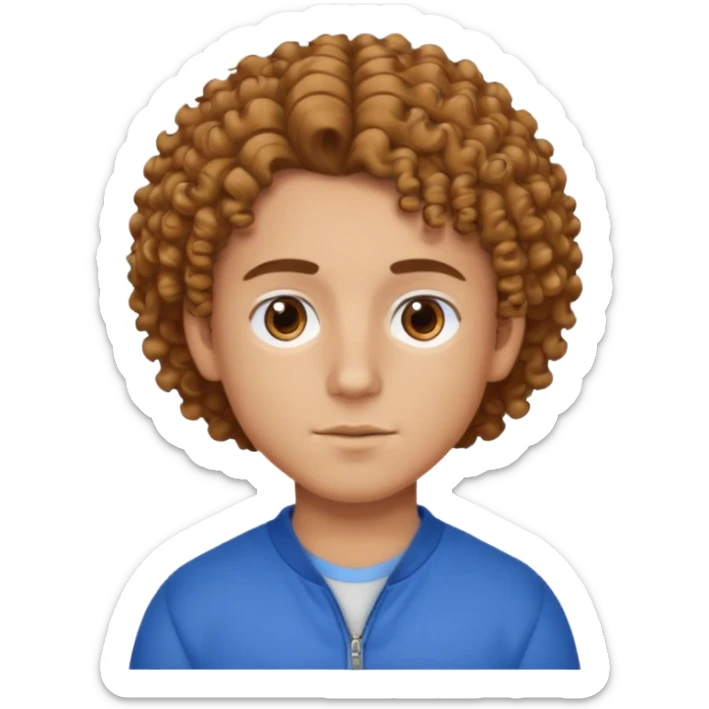 curly hair boy, bronzer skin, hair parted on the right side, brown eyes, blue clothes sticker