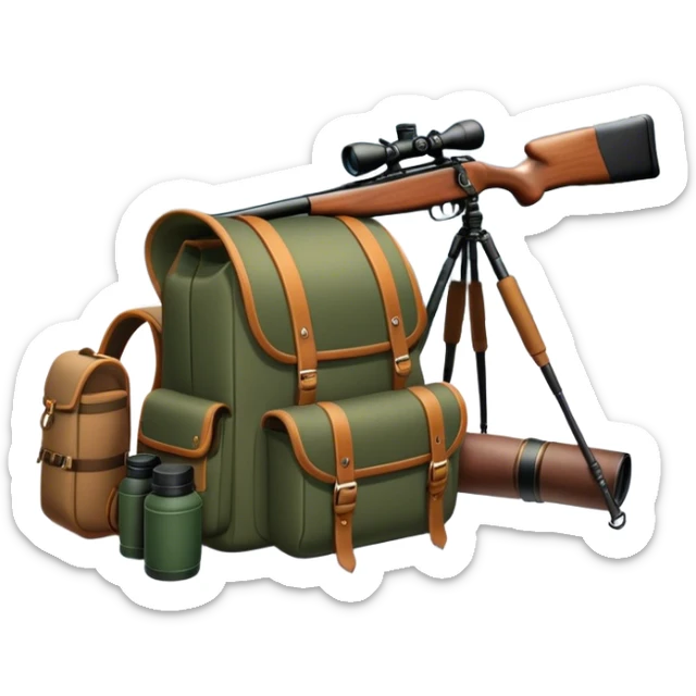 Icon for Hunting Tourism: a hunting rifle, binoculars, and animal tracks in the snow, with a forest background and a hunter’s backpack. The icon should represent the adventure and experience of hunting in nature. Transparent background. sticker