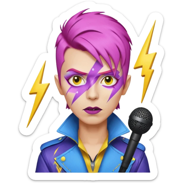 male rockstar emoji character inspired by David Bowie, short side-swept pink hair, lightning bolt face paint across one eye, yellow emoji skin, dark lipstick, purple and blue futuristic jacket, microphone in front, white background sticker