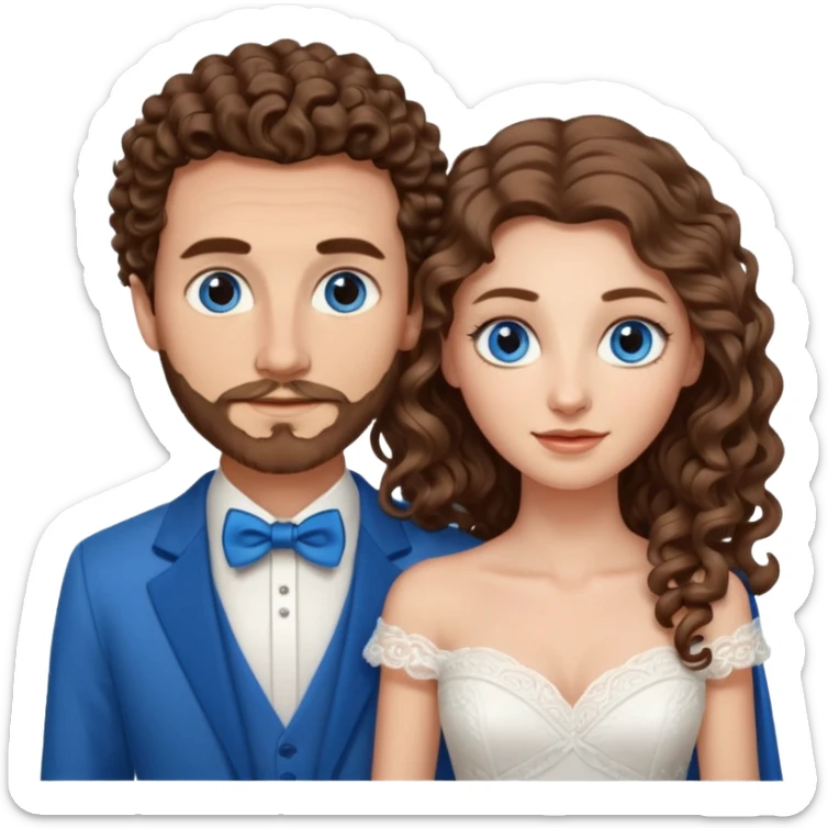 wedding couple, woman has very long and lightly curled brown hair and blue eyes, man has short light brown curly hair and facial hair with blue eyes sticker