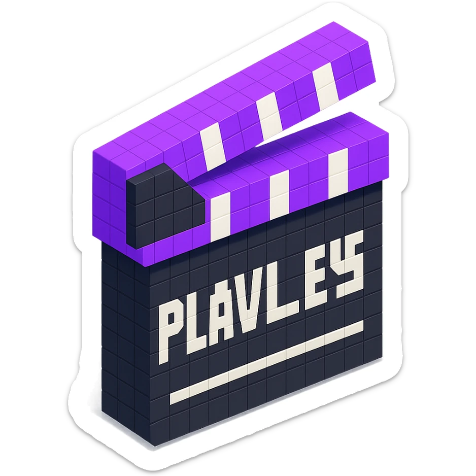 voxel style movie clapperboard with the text 'PLAVLEYS', purple lid, black body, isometric view sticker