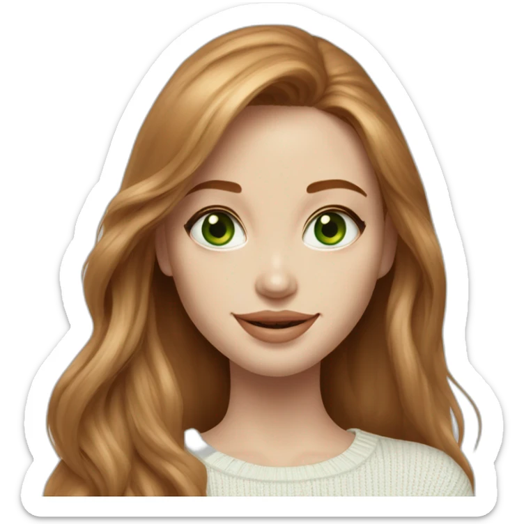 beautiful girl, white, with long loose wavy hair, ginger hair,light green eyes, looks like Angelina Jolie, smiles at the camera, good teeth, white sweater, realistic drawing sticker