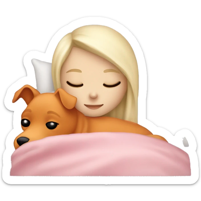 White blonde girl who sleeping peacefully with his orange dog in a bed with a white pillow and a pink blanket sticker