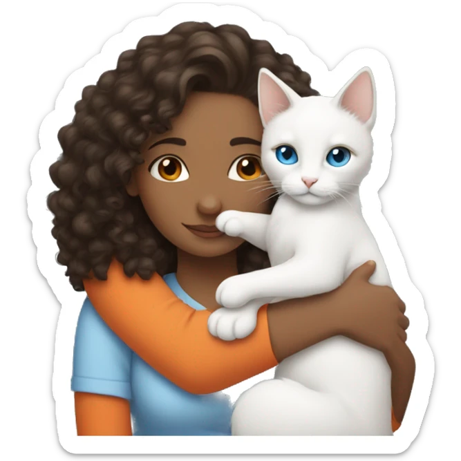 A brunette and curly hair woman hugging a white cat with blue eyes and orange ears sticker