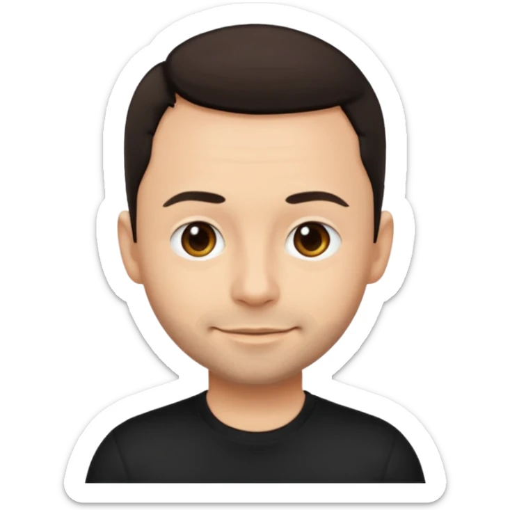 Paul Landers, apple style emoji, friendly face, short dark hair, black t-shirt sticker