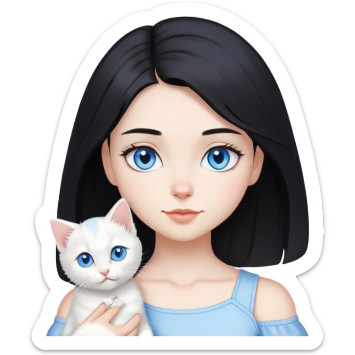 Chica con pelo negro hasta los hombros con gatito blanco con ojos celestes  sticker