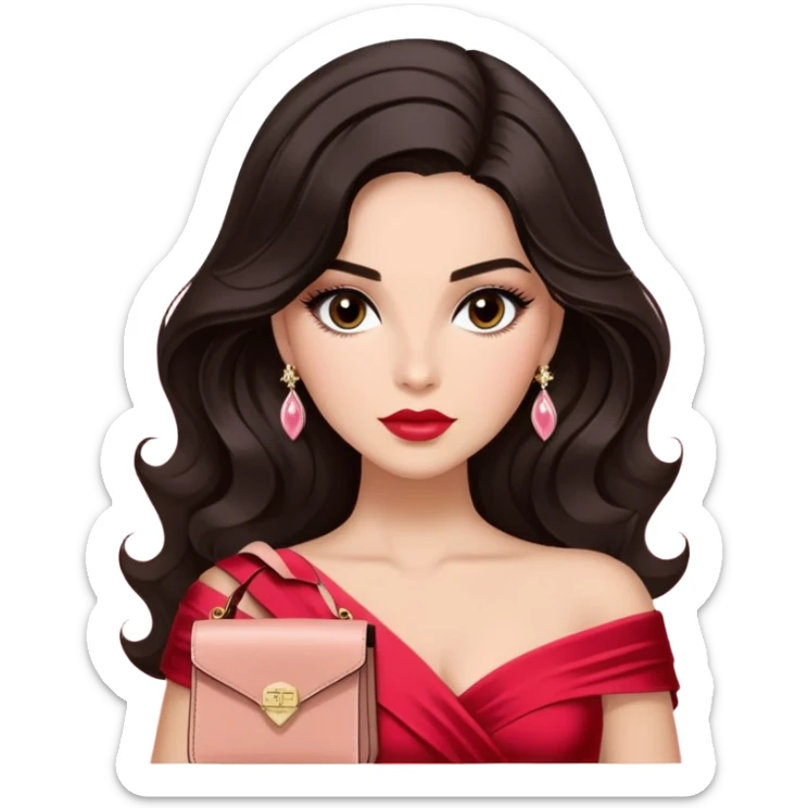 A woman with slightly darker almond-toned skin, voluminous dark hair in waves, expressive eyes with soft lashes and shimmer, full lips with a glossy nude-pink color, wearing a red dress and a white crossbody sash with “Miss San Juan” in black letters, exuding elegance and confidence. sticker