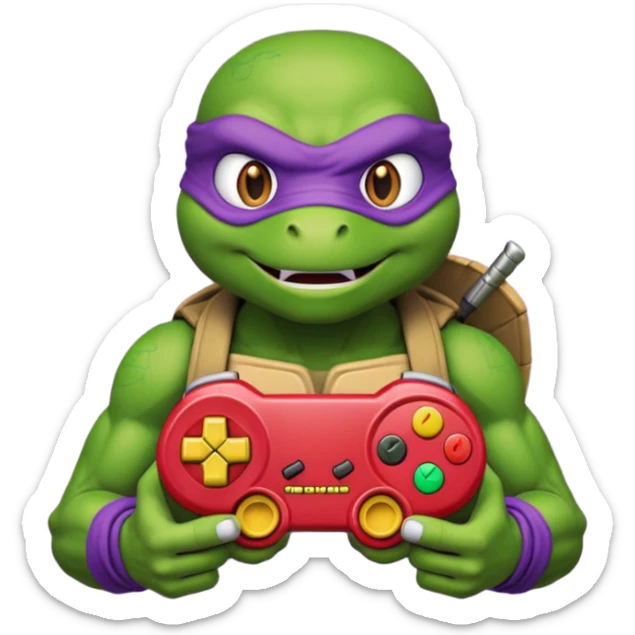 Donatello from Teenage Mutant Ninja Turtles, emoji style, playing a retro video game with a joystick sticker
