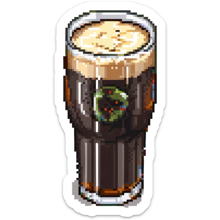 a pint of Guinness beer, dark stout in a classic pint glass with creamy head sticker