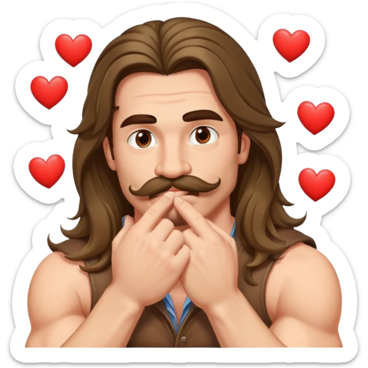 super jacked guy with long hair and a mustache, kissing his hand, there is hearts all around his head sticker