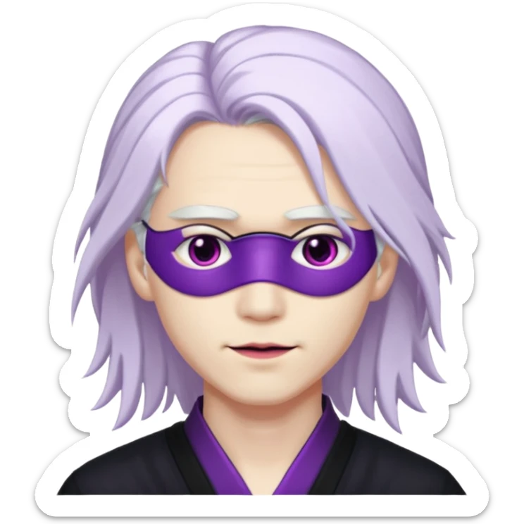 A young pale skinned Japanese man, with long free white hair. Purple eyes pink lips. Devious smile and an eyepatch sticker