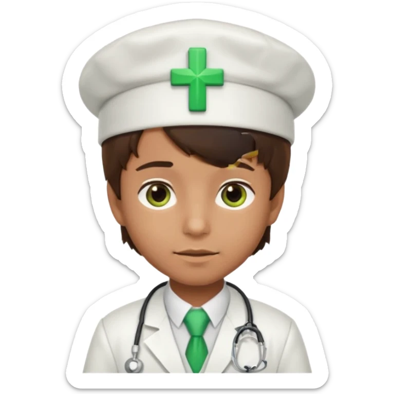 a doctor in white suit with a doctor hat with green cross brown hair boy sticker