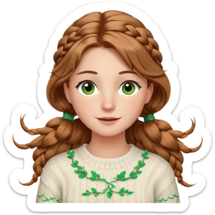 light brown hair hazel/green eyes woman with a white cable knit sweater and one braid down her back  with tendrils of hair flowing down her face and she is happy pale, some freckles, blush. she has a cateye wing and long lashes sticker